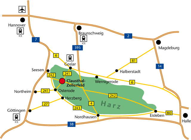 Eine Karte zeigt die Lage von Clausthal-Zellerfeld im Harz. Wichtige Straßen (z.B., A7, A38) und Städte (z.B., Hannover, Göttingen, Braunschweig) sind markiert. Clausthal-Zellerfeld ist rot hervorgehoben, umgeben von kleineren Städten wie Goslar und Osterode.